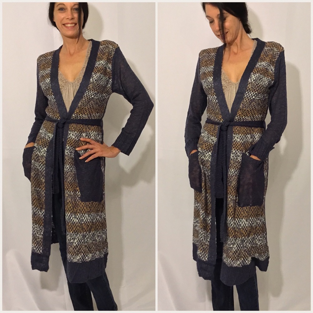 Navy and Mustard Long Cardigan - Picture 2 of 3